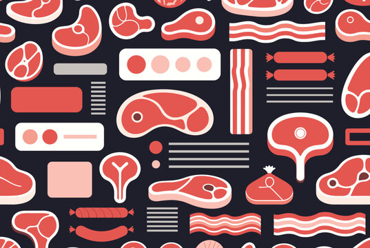 Seamless pattern of various meat products including raw steaks, bacon strips, and sausages on a dark background.