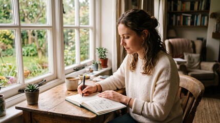 Fototapeta premium Young woman writing in a journal at a wooden desk by a window with a garden view