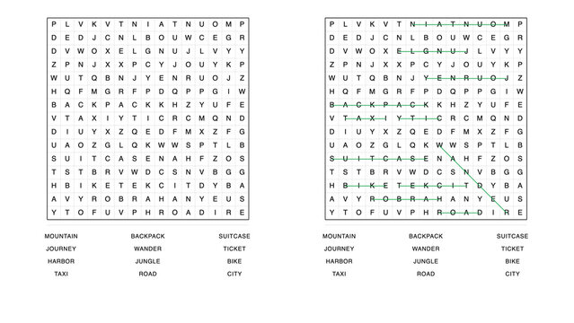 Travel vocabulary word search worksheet with answer key