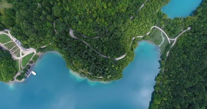 Top down aerial view of Plitvice Lakes