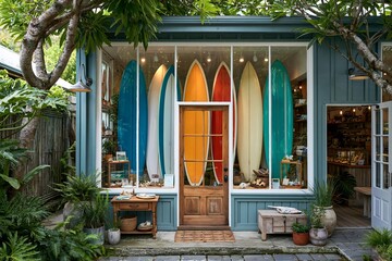 Obraz premium A surf shop display with colorful surfboards and tropical plants