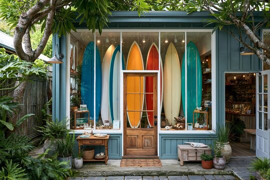 A surf shop display with colorful surfboards and tropical plants