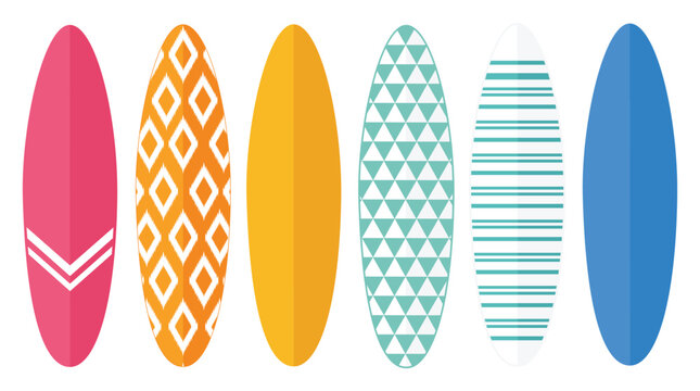 Colorful surfboard vector illustration template set. Six flat longboard designs with tribal pattern, stripes, triangles and solid colors for summer beach surfing sports.