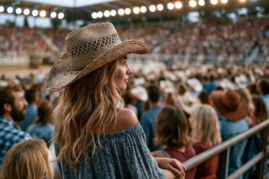 Woman in a cowboy hat watches an event at an outdoor stadium