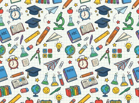 Seamless pattern with school supplies on grid paper background