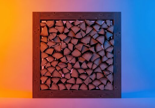 A sturdy wooden frame filled with neatly stacked split logs and firewood, showcasing natural textures and rustic charm for winter warmth, lumber, hard, organized