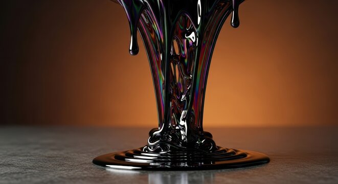 A thick layer of viscous black crude oil slowly cascades down a textured industrial surface, creating shimmering dark reflections and drips, stream, tar, wet
