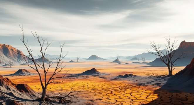 A vast, desolate, and arid wasteland stretches to the horizon under a cloudy, pale sky, suggesting isolation and environmental collapse, eerie, dramatic, empty
