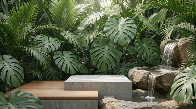 Tropical lush jungle background with wooden and concrete podium for product display near waterfall.