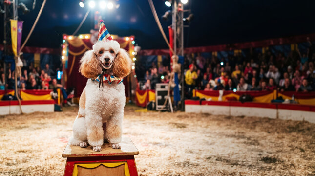 A poodle in a colorful circus hat and festive collar sits on a stage in a circus ring, surrounded by an excited audience. Ideal for advertising entertainment events, circus shows, children&rsquo;s parties