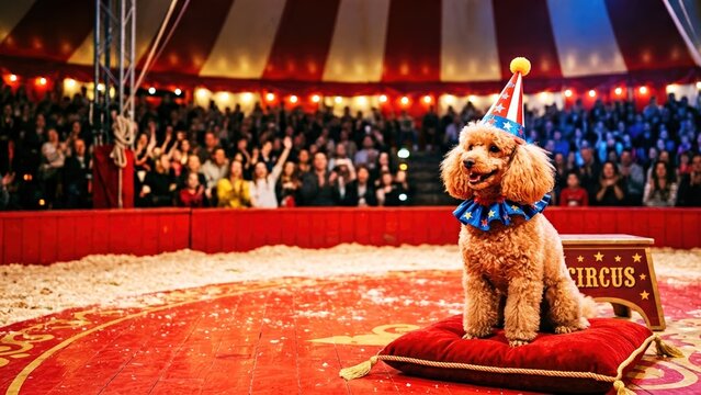 Circus poodle dog in a festive costume sitting on a velvet pillow in a circus ring with a cheering audience. Perfect for entertainment promotions, circus events, and children&rsquo;s activity advertising.