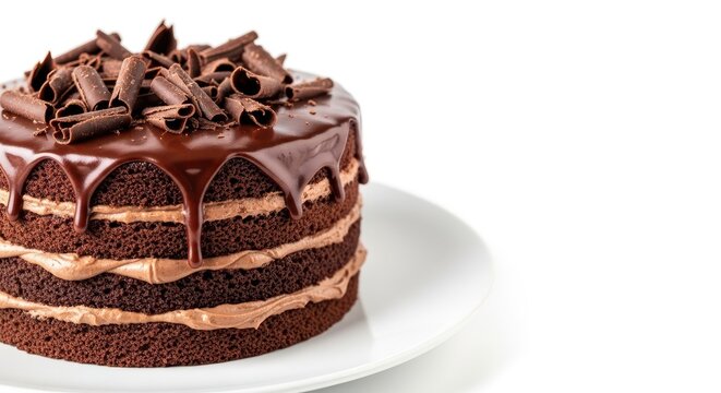 Decadent chocolate layer cake sitting on a white plate, topped with smooth ganache and shaved chocolate pieces, fresh, appealing, homemade