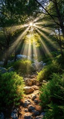 Obraz premium Sunlight filters through the canopy of a dense Mediterranean pine woodland, illuminating rocky trails and vibrant green shrubbery beneath, dry, light, scenic