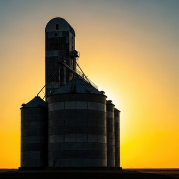 Towering cylindrical grain silos rise against a golden sunset sky, highlighting rural agricultural infrastructure and industrial farm storage, field, barn, outdoor