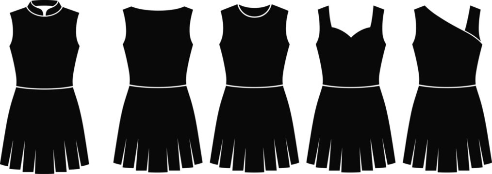 Five black dresses with pleated skirts, various necklines