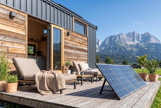 Modern tiny house with solar panels on a wooden deck. Sustainable off-grid living in the mountains. Contemporary small home architecture with mountain view