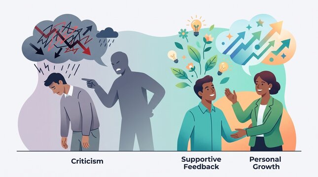 Constructive feedback vs criticism illustration. Positive communication fostering personal growth.