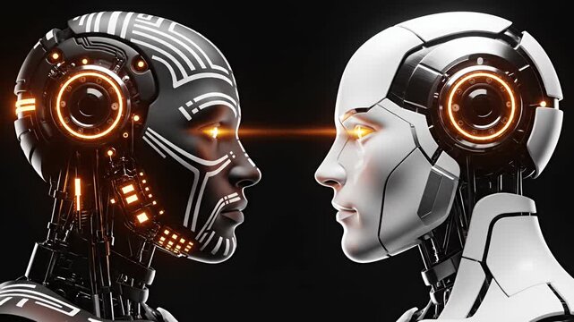 Two futuristic humanoid robots facing each other on black background