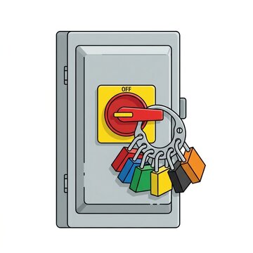 Sign indicates high voltage area with lockout tagout system using padlocks for safety. Necessary for electrical safety protocols.