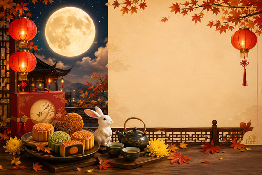 Mid-Autumn Festival Background with Full Moon, Mooncakes, Jade Rabbit, Red Lanterns, Chinese Tea Set and Autumn Leaves with Copy Space