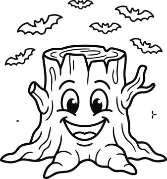 Smiling tree stump with bats on halloween