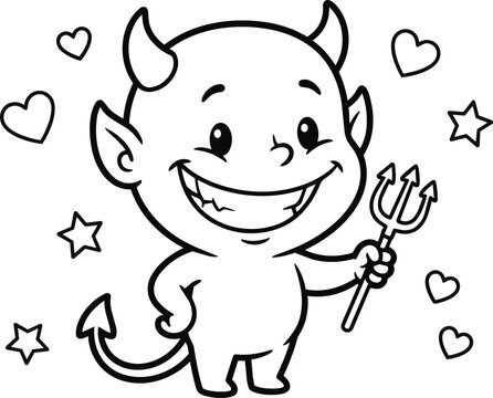 Cute little devil holding trident with hearts and stars