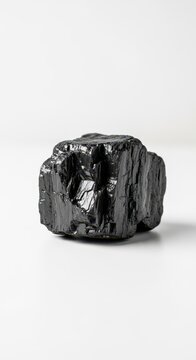 Raw lump of bituminous black coal resting on a stark white surface. Essential fossil fuel used globally for power plants and industrial heat, cutout, shadow, rough
