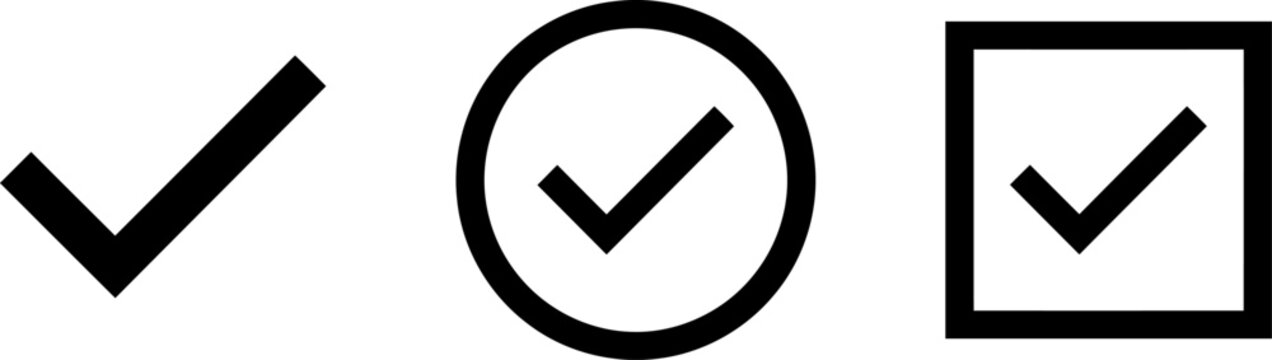 Set of simple black check mark icons in plain circle and square frames with complete