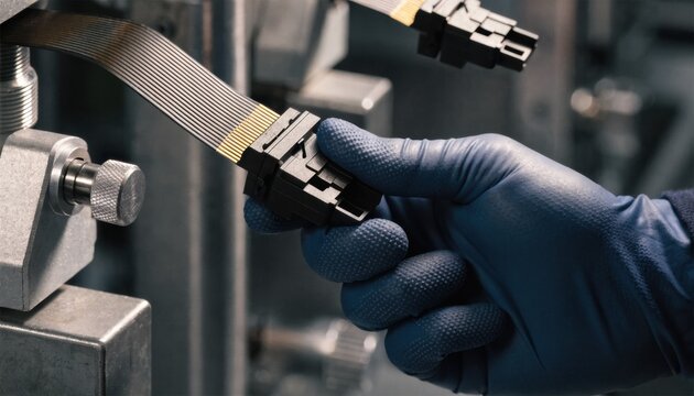 Detailed view of fliplock connector installation on flexible flat cables showcasing secure locking mechanism and ergonomic handling in electronics assembly line.