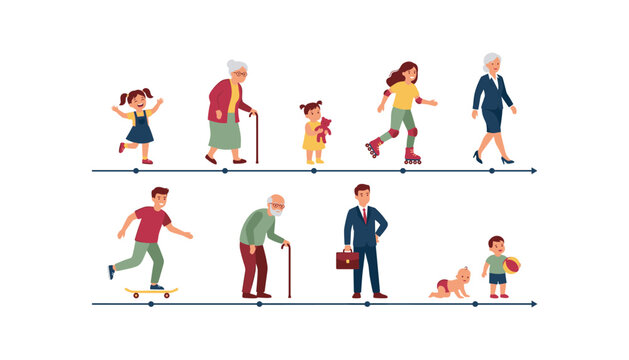 Human aging cycle timeline vector illustration set with male and female characters from infant baby to senior elderly isolated