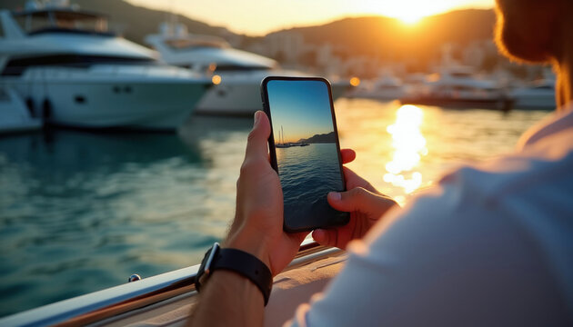 Man sits on luxury yacht at golden sunset holding modern smartphone. Person uses digital mobile device to view sea horizon photo at marine harbor. Calm leisure activity on ocean boat trip during