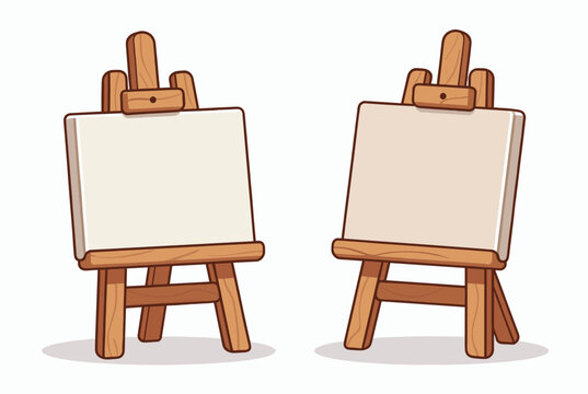 Two empty wooden artist easels with blank white canvases standing side by side on a clean white background.