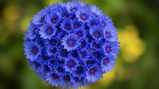 Close-up of vibrant blue hydrangea flower in full bloom. Lush purple blossom cluster with soft natural bokeh background.