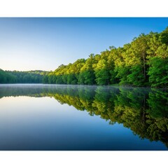 Obraz premium A calm lake surface reflects the surrounding verdant trees and soft blue sky, creating a perfectly symmetrical and peaceful nature scene, pond, nature, soft