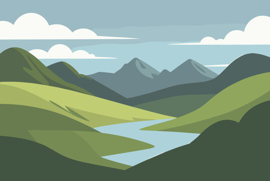 Peaceful river flowing through rolling green hills with majestic mountains in the background under a cloudy sky.