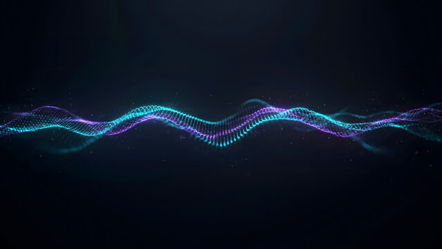 Abstract 3D render of a glowing neon cyan and purple digital data flow wave on a dark premium background, concept of big data, cloud computing and artificial intelligence network stream