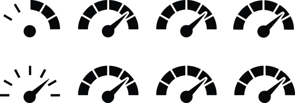 Speedometer gauge icon set with dashboard dial indicators tachometer and level progress meters vector illustration isolated on white background