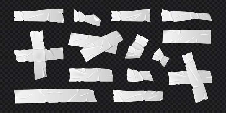 White masking tape collection with cross. Ripped sticky paper stripes and duct tape pieces. Vector set
