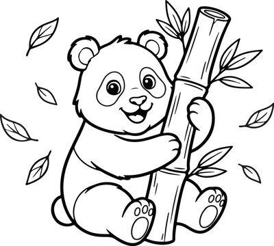 Cute panda clinging to bamboo black and white line art illustration