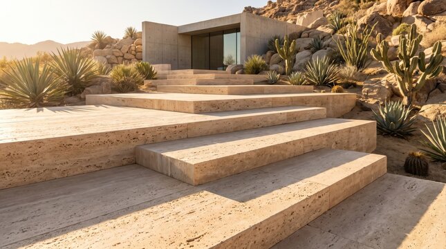 Modern concrete house in desert with natural stone steps and agave plants under clear sky.