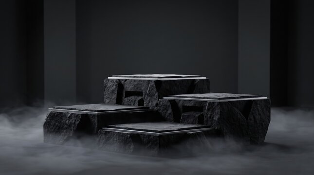 Dark minimalist stone display podiums with silver accents in smoky dark background.