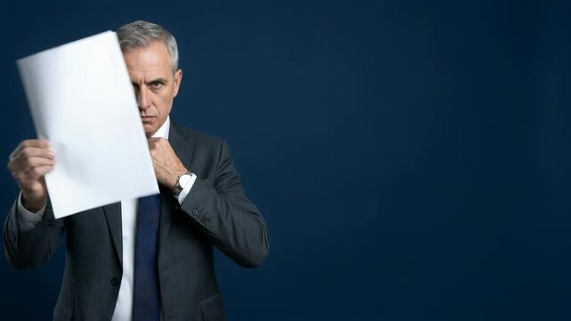 Businessman holding blank paper in front of his face. Executive adjusting his tie in studio. Professional man in suit with document for mockup on blue wall.