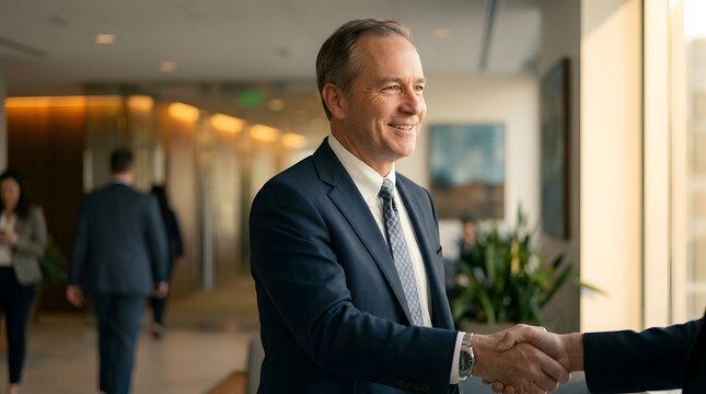 Mature businessman shaking hands in modern office | Professional corporate partnership agreement handshake | Senior executive male manager smiling at work | Successful business deal and networking mee
