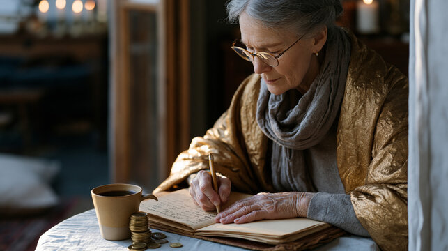 Retiree seated alone at a small table tallying handwritten figures in a worn ledger, coins stacked beside a coffee cup, personal finance tracking, budget awareness habit, honest