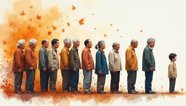 Line of old Asian men and one young boy stand facing right. Autumn leaves fall against orange abstract background. Symbolizes aging population, generational gap, and demographic shifts.