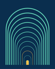 Abstract concentric arch outlines doorway in teal and gold on dark navy, Echoing gateway line art with perspective depth, modern geometric vector poster for wall art and branding © MaazJanx