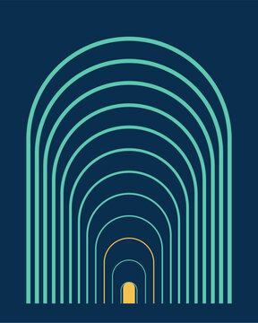 Abstract concentric arch outlines doorway in teal and gold on dark navy, Echoing gateway line art with perspective depth, modern geometric vector poster for wall art and branding
