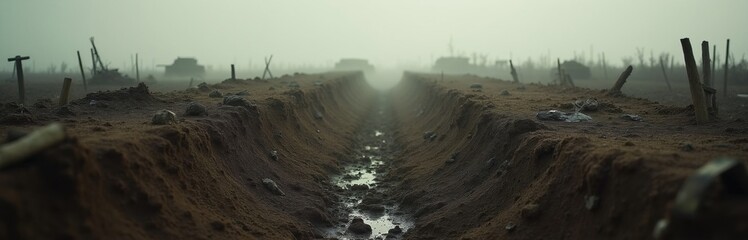 Fototapeta premium WWI battlefield landscape with muddy trenches and craters. Destroyed tanks and wooden posts dot the misty, war-torn terrain, indicating recent conflict and devastation.