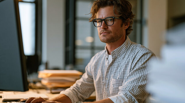 A forensic accountant examining spreadsheets on a monitor in a sparse government office, stacks of evidence folders on desk, financial investigation, white collar crime analysis,
