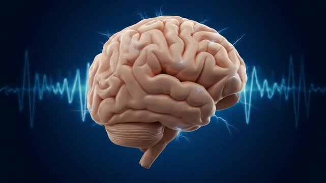 3D human brain with EEG waves showing neural activity. Medical illustration of cognitive function and brainwave monitoring in science.